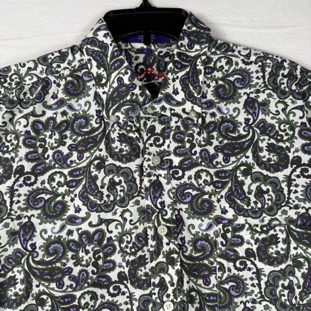 Alan Flusser Paisley Button Down Shirt XL White Green Purple Boho Maximalist
